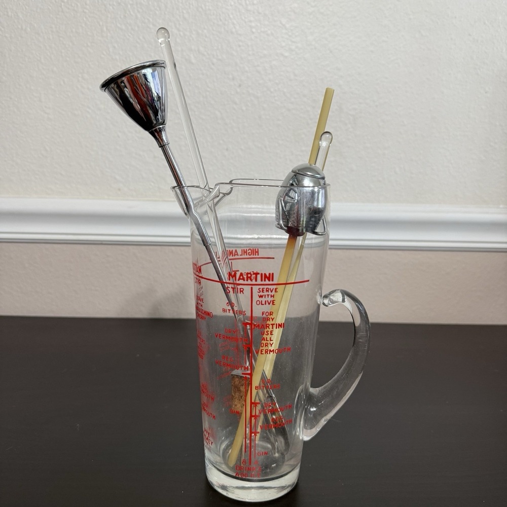 Vintage Martini Glass Pitcher Cocktails Recipes Kit Set Stir Spoon Glass Sticks